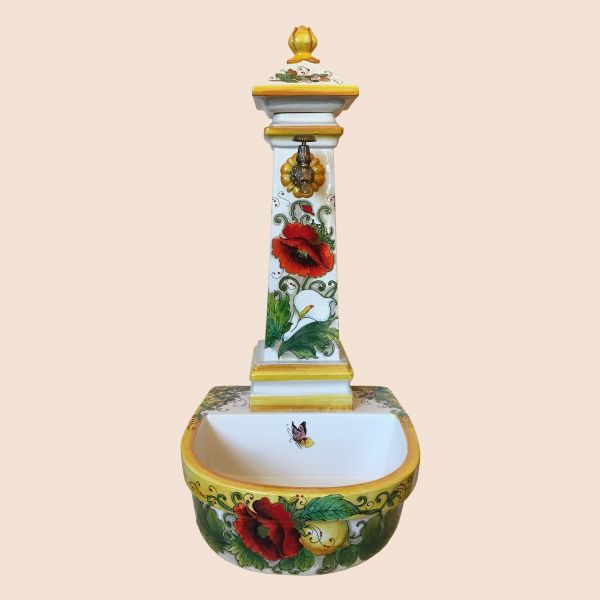 FOUNTAIN IN CERAMIC WITH POPPIES AND BUTTERFLIES, cm.100h